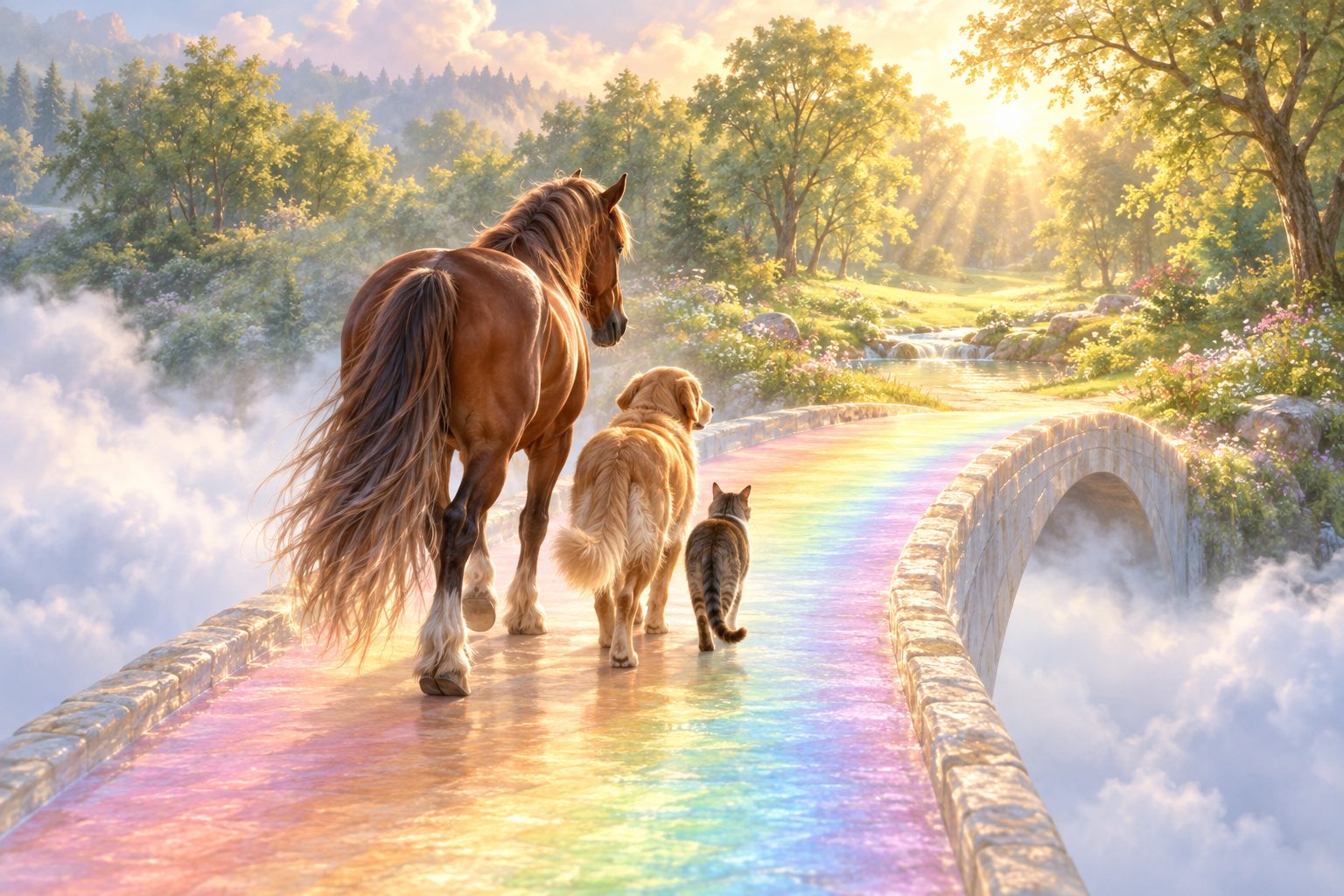 A horse, a dog and a cat walking across a rainbow bridge