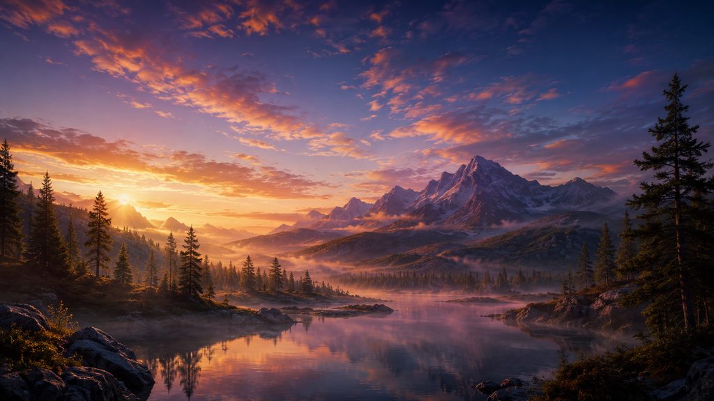 Sunset over mountains and a lake